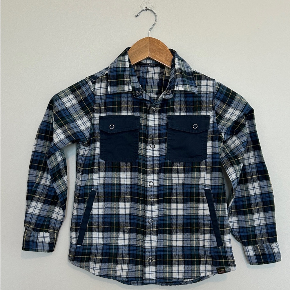 L.L. Bean Blue Plaid Kids Button Down Softest Shirt Size 5 6‎ EUC